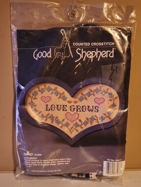 Vintage "Love Grows" Heart Framed Counted Cross Stitch Kit Unopened Good Shepher